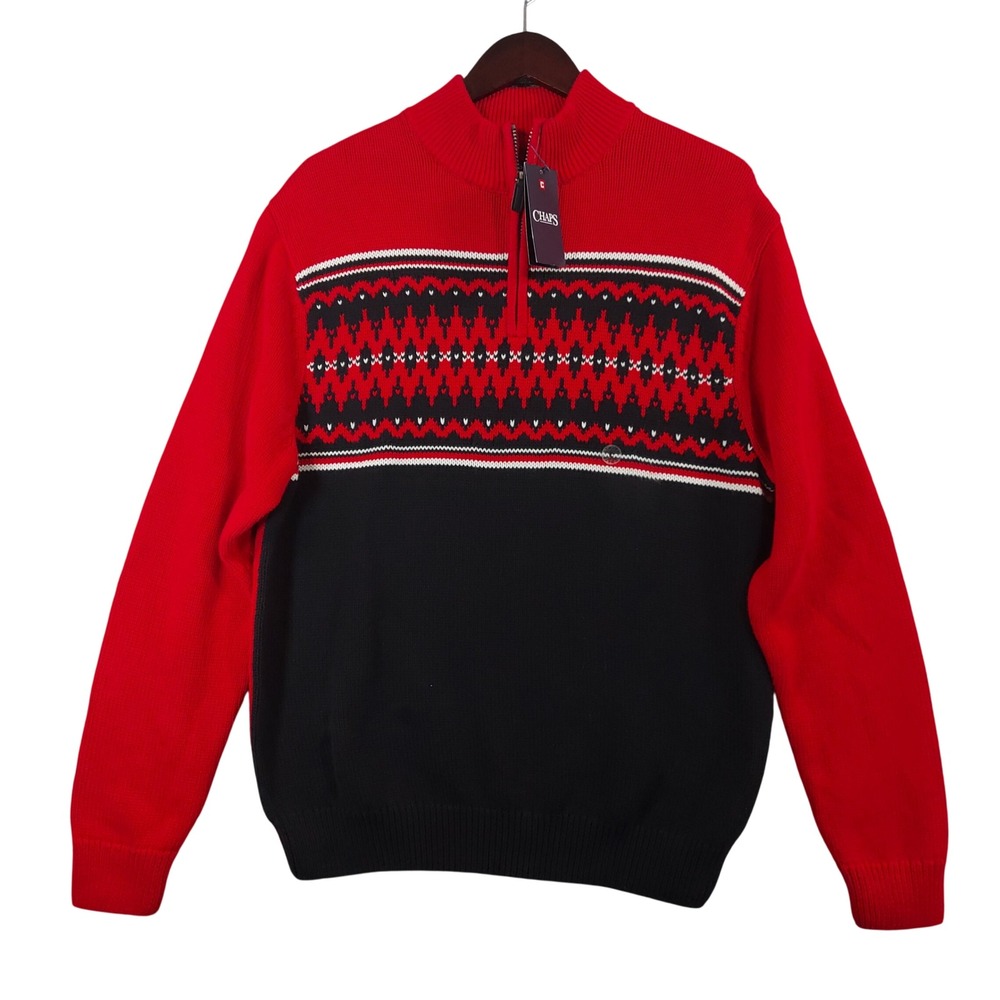 Chaps Quarter-Zip Sweater Mens Large Red Black Fair Isle Geometric 750622579002